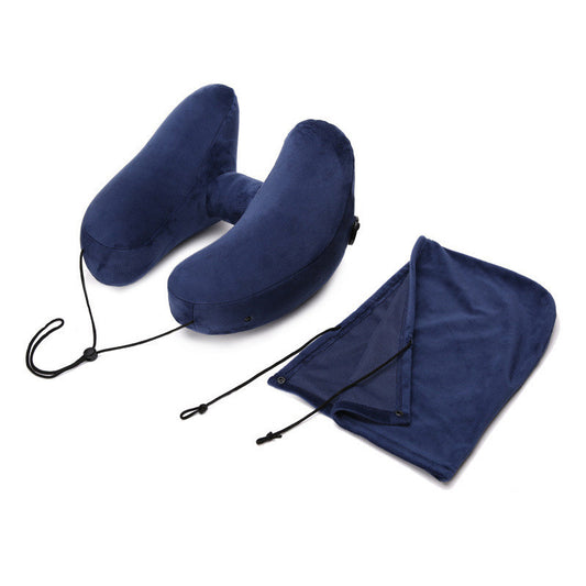 Hooded Travel Pillow H Shaped Inflatable Neck Pillow Folding Lightweight Nap Car Seat Office Airplane Sleeping Cushion Pillows - Side View