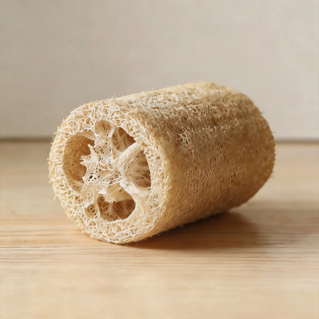 Side view of a natural loofah sponge showing fibrous texture and hollow cross-section on a wooden surface.