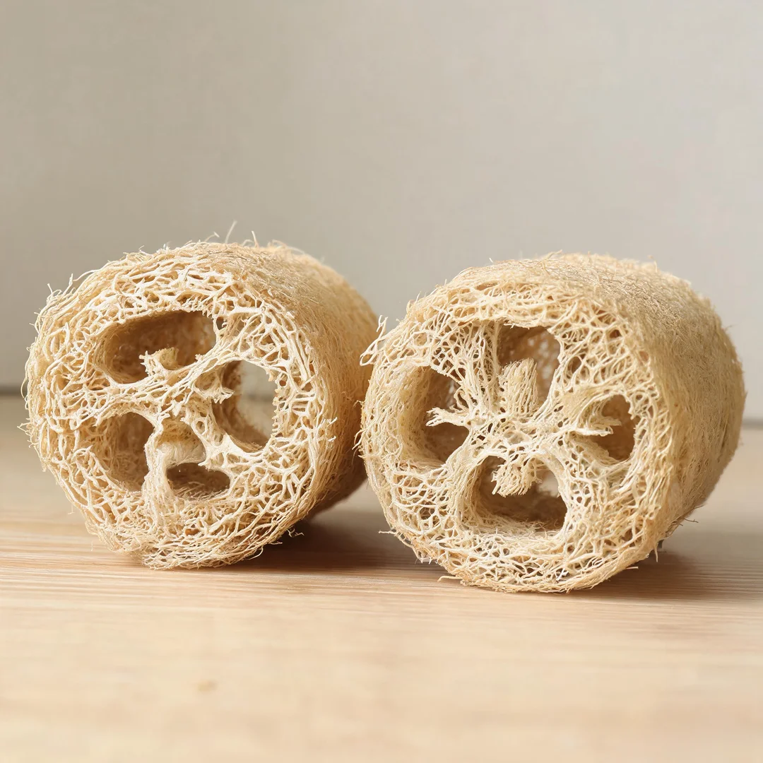 Two natural loofah sponges displayed side by side showing fibrous cross-section texture on a wooden surface.