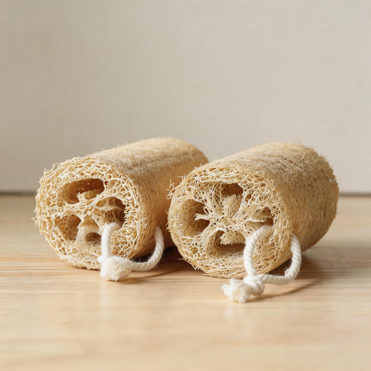 Two natural loofah sponges with hanging ropes side by side on wooden surface.