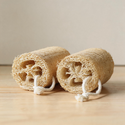 Two natural loofah sponges with hanging ropes side by side on wooden surface.