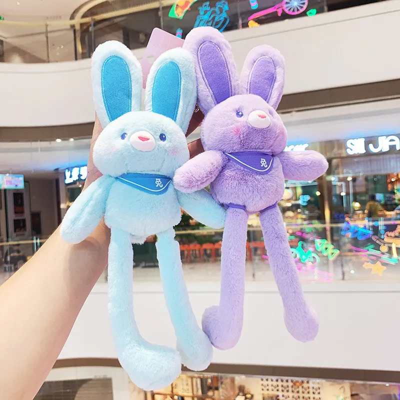 Two pulling ears rabbit plush toys in blue and purple, stretchable long ears bunny stuffed animals set, soft interactive plush dolls perfect for kids gift and desk decor