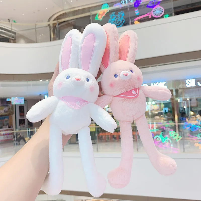 Two pulling ears rabbit plush toys in white and pink, stretchable long ears bunny stuffed dolls set, soft fluffy interactive plush toys for children gifts and room decoration