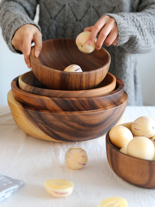 Kitchen Natural Wooden Bowl Household Fruit Bowl Salad Bowl For Home Restaurant Food Container Wooden Utensils Note The Size Hot - Side View