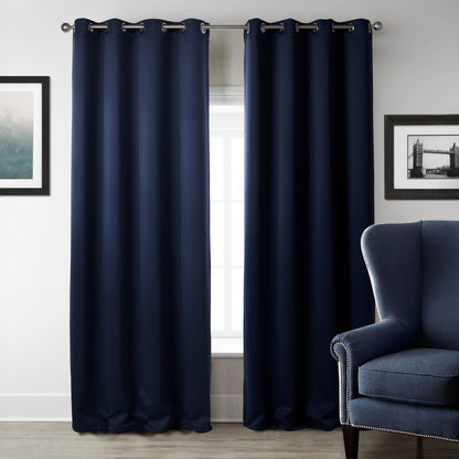 Dark Blue Bedroom Blackout Fabric Printed Curtains - In Use