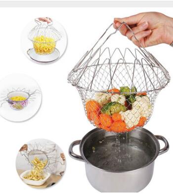 Deep Fry Basket Stainless Steel Multi-function Foldable Chef Cooking Basket Flexible Kitchen Tool for Fried Food Washing Fruits Vegetables - Side View