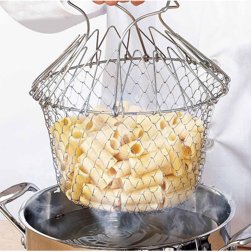 Deep Fry Basket Stainless Steel Multi-function Foldable Chef Cooking Basket Flexible Kitchen Tool for Fried Food Washing Fruits Vegetables - Detail