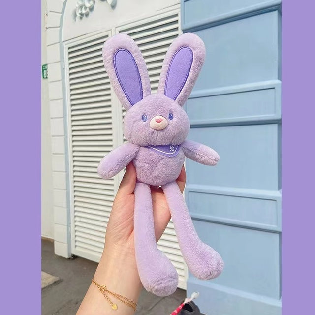 A plush rabbit with ears and legs that can be pulled to make them longer or shorter