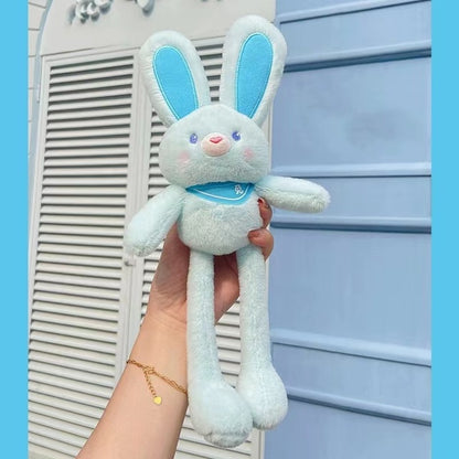 A plush rabbit with ears and legs that can be pulled to make them longer or shorter