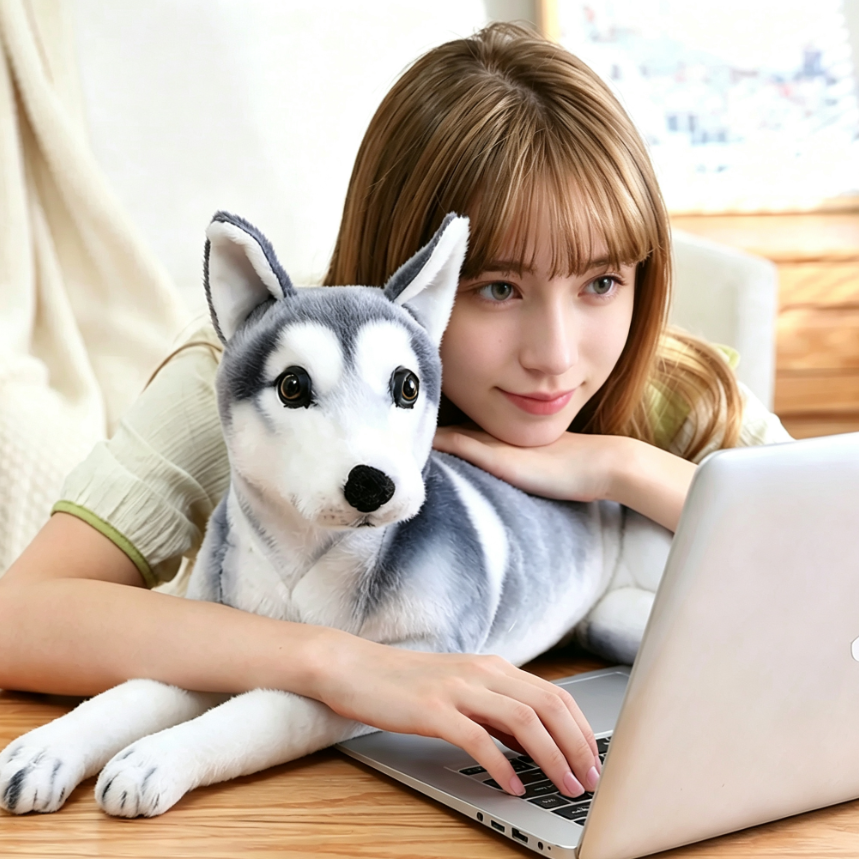 Cuddly realistic husky plush toy in cozy home lifestyle, soft lifelike Siberian husky stuffed dog as work and relaxation companion, perfect plush toy for dog lovers