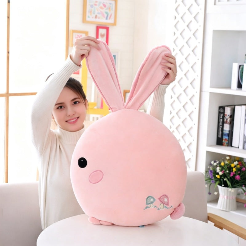 Cute pink rabbit pillow plush toy with long flexible floppy ears, interactive round bunny stuffed throw cushion, soft kawaii plush pillow for kids play and home decoration