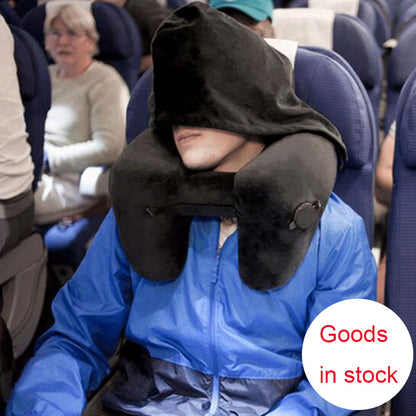 Hooded Travel Pillow H Shaped Inflatable Neck Pillow Folding Lightweight Nap Car Seat Office Airplane Sleeping Cushion Pillows - In Use