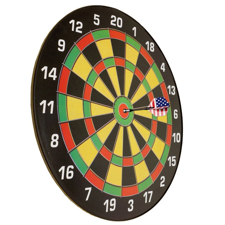 Kids magnetic dart board set shown at an angle with an American flag design magnetic dart.