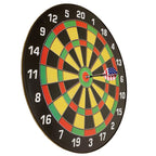 Kids magnetic dart board set shown at an angle with an American flag design magnetic dart.