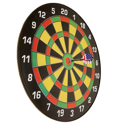 Kids magnetic dart board set shown at an angle with an American flag design magnetic dart.