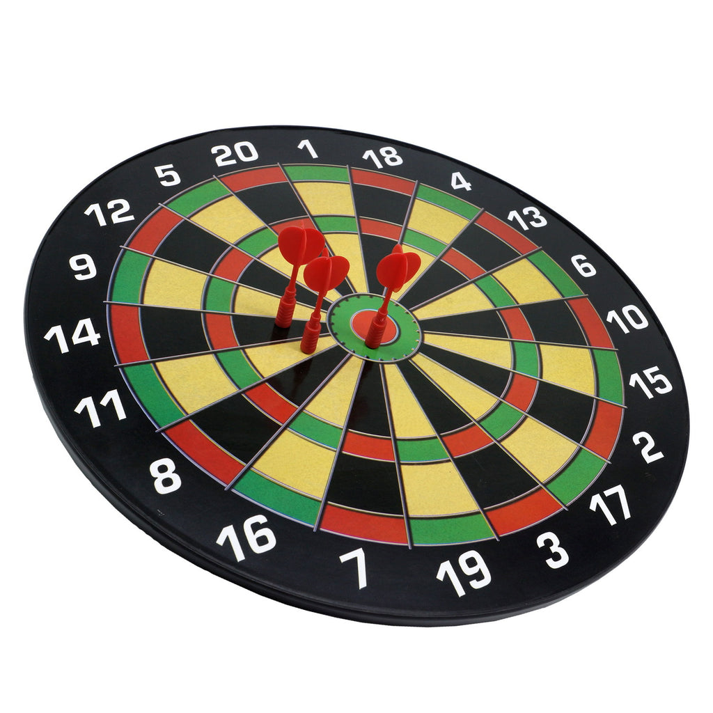 Children's magnetic dart board with 3 red magnetic darts on a white background.