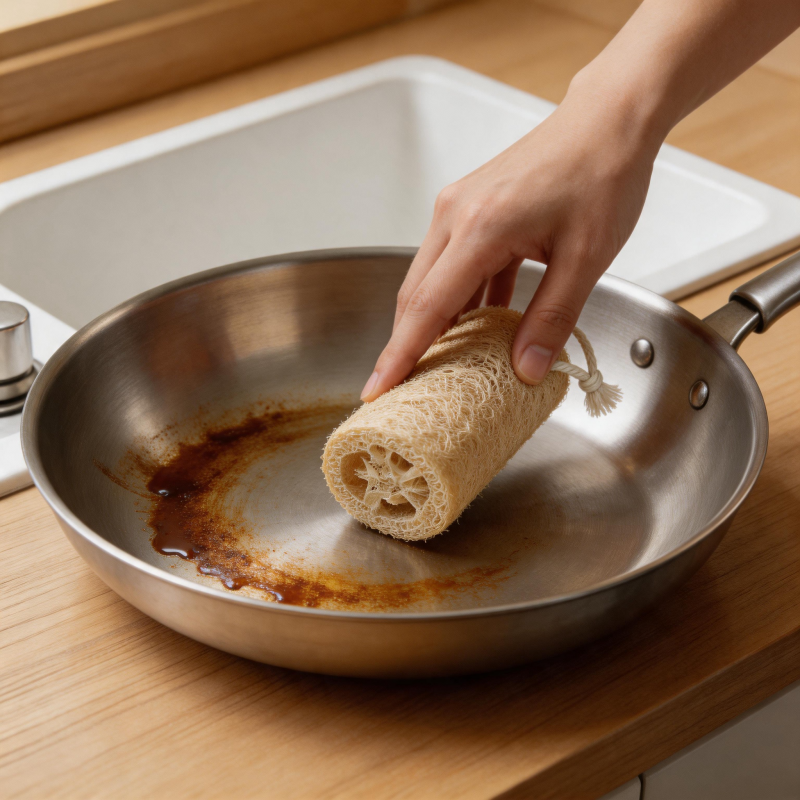 Hand scrubbing a burnt stainless steel pan with a natural loofah kitchen sponge.
