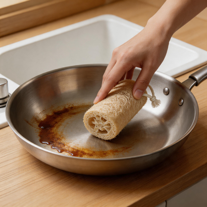 Hand scrubbing a burnt stainless steel pan with a natural loofah kitchen sponge.