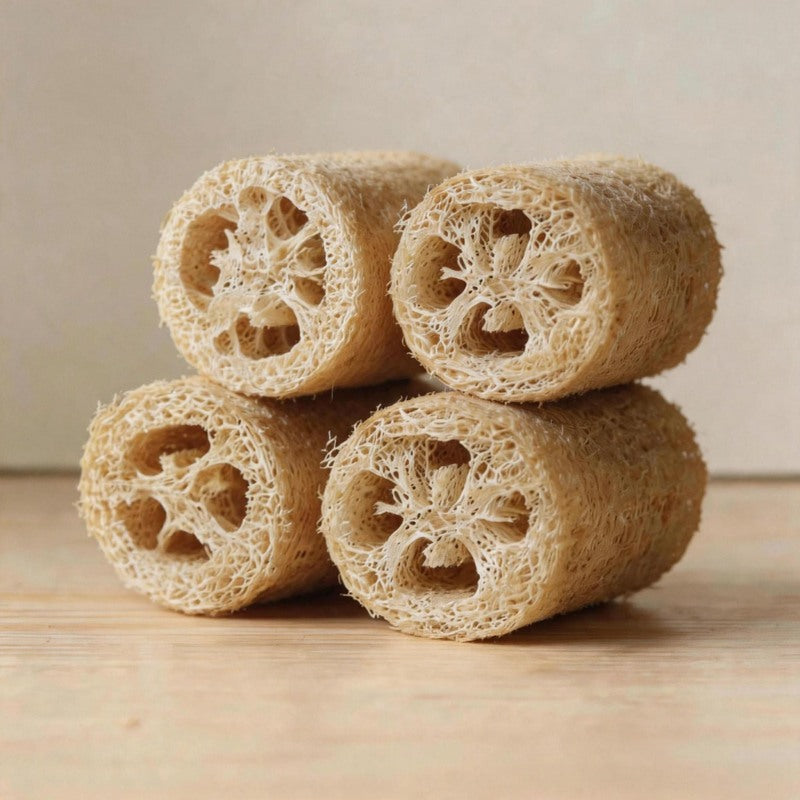 Four natural loofah sponges stacked in a pyramid showing fibrous cross-sections on a wooden surface.