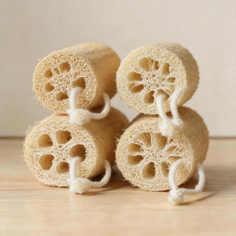 Four natural loofah sponges stacked in two rows on a light wooden background.
