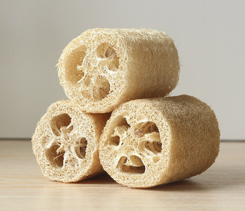 Three natural loofah sponges stacked together on a wooden background.