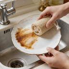 Hand using a natural loofah dish scrubber to clean a dirty plate in a kitchen sink.
