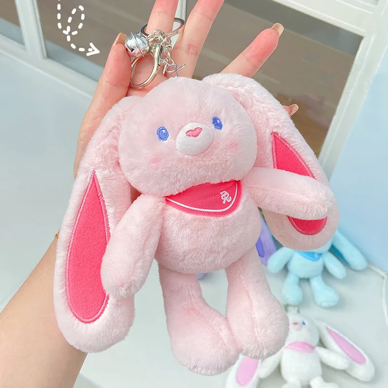 Pink pulling ears rabbit plush keychain with bell, stretchable long ears bunny bag charm, cute mini stuffed bunny pendant for backpack decoration, party favors and small gift
