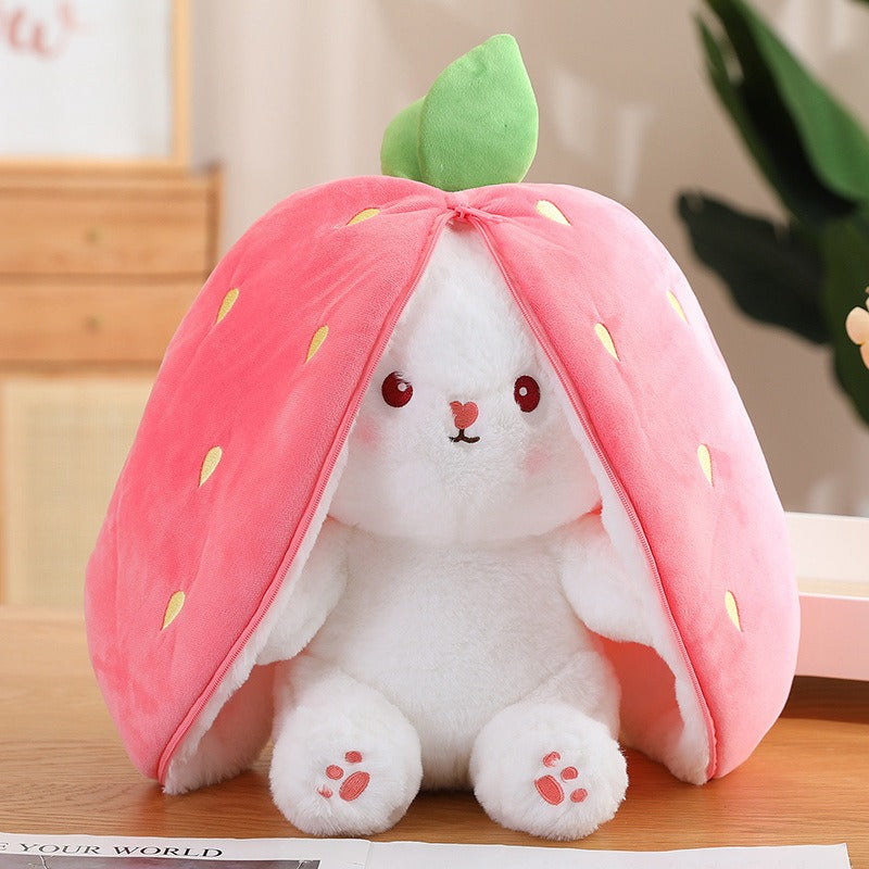 Aesthetic reversible bunny plush toy product display, soft fluffy transformable stuffed rabbit for kids gift and home decor