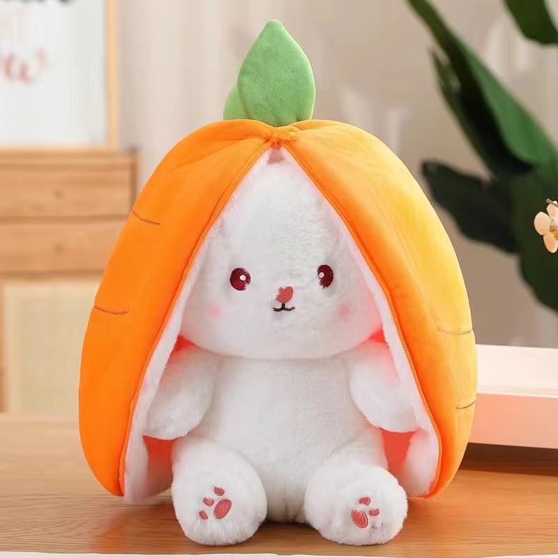Reversible carrot bunny plush toy with soft fabric detail, fluffy transformable stuffed rabbit animal toy for children