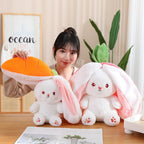 Cute reversible strawberry and carrot bunny plush toy, soft fluffy stuffed rabbit close-up product display