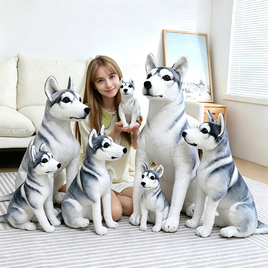 Girl holding mini Siberian husky plush toy with full size collection, realistic stuffed husky dogs in multiple sizes, ideal gift for kids and dog lovers home decor