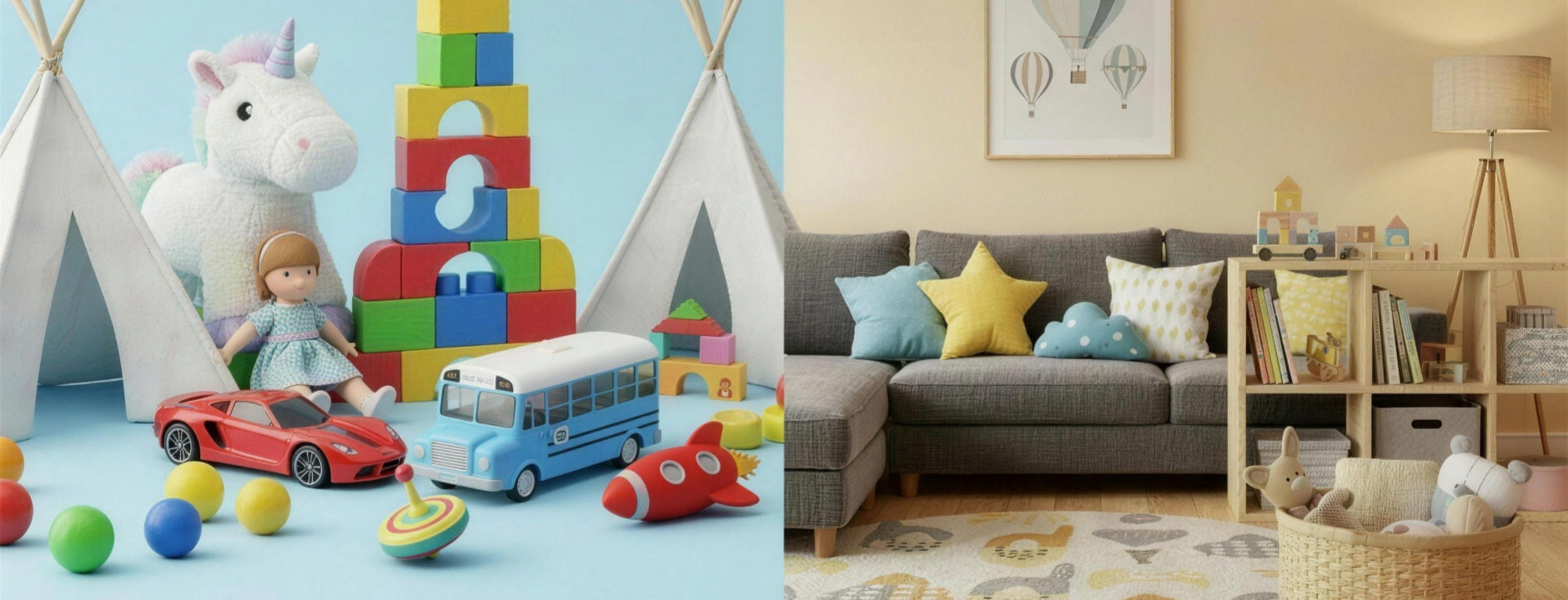 Split banner with children's toys and living room home decor for family lifestyle.