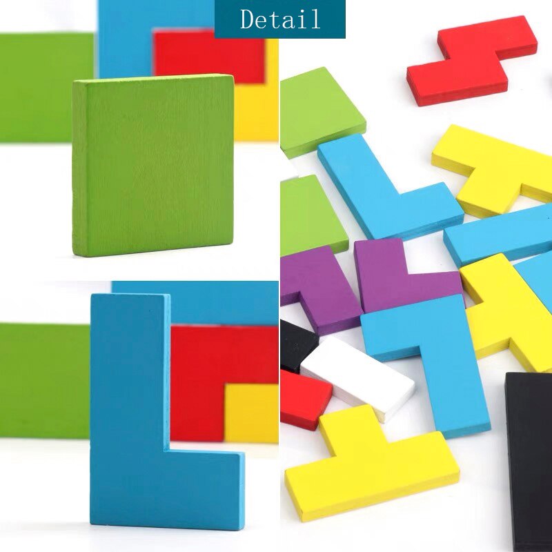 Detail collage of colorful wooden tetris puzzle pieces showing block thickness and geometric shapes on white background.