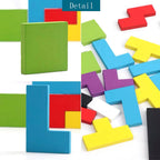 Detail collage of colorful wooden tetris puzzle pieces showing block thickness and geometric shapes on white background.