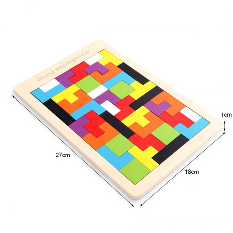 Colorful wooden tetris puzzle showing product dimensions 27cm by 18cm by 1cm.