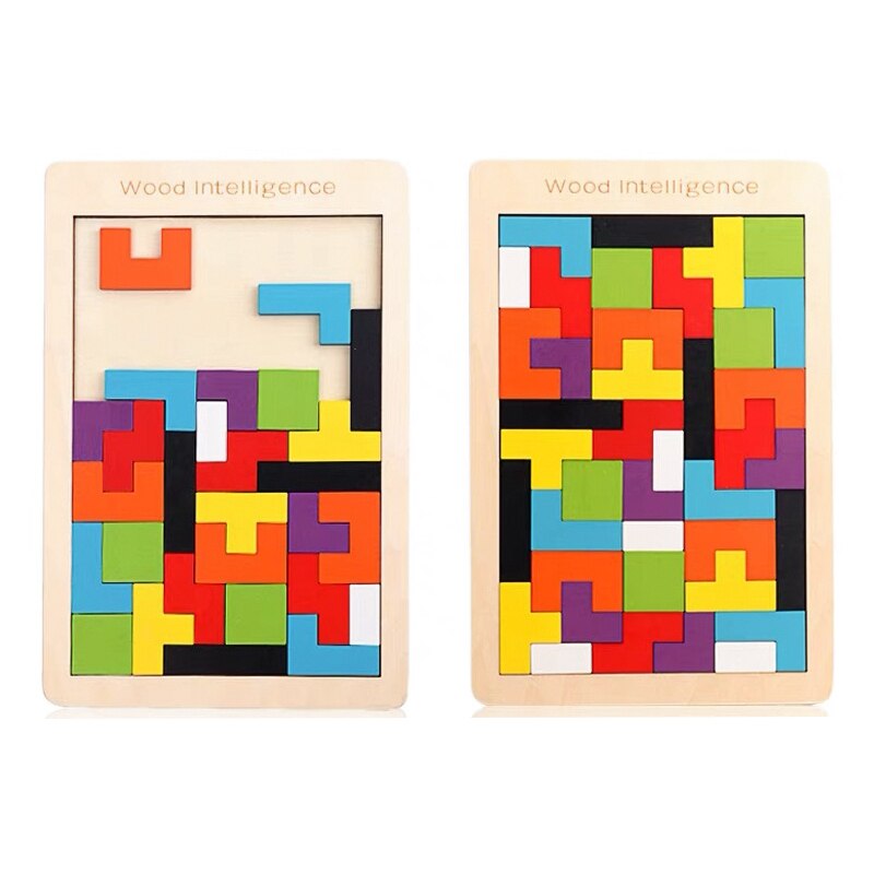 Two wooden tetris puzzle boards showing filled colorful geometric piece arrangements.