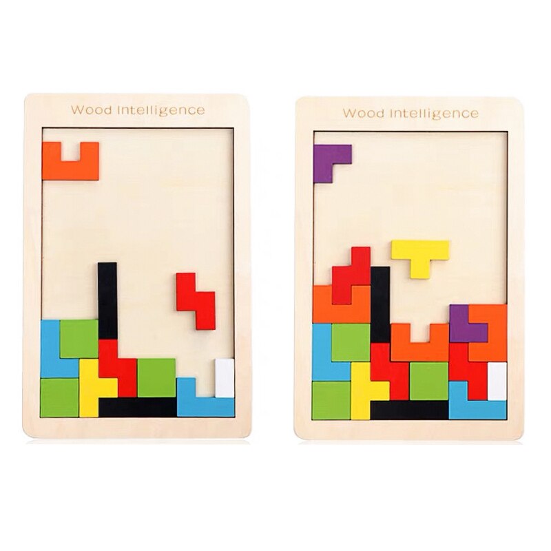 Two wooden tetris puzzle boards showing partial colorful block arrangements side by side.