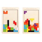 Two wooden tetris puzzle boards showing partial colorful block arrangements side by side.