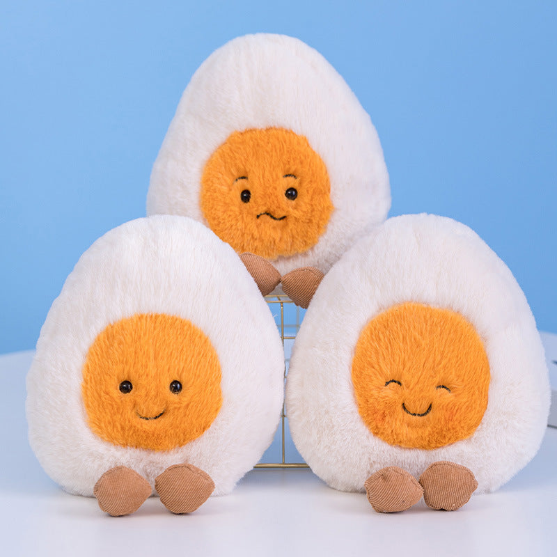 Set of 3 cute boiled egg plush toys with different facial expressions happy neutral shy face, soft fluffy food plush collection perfect for collection and birthday gifts Main image