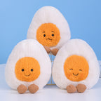 Set of 3 cute boiled egg plush toys with different facial expressions happy neutral shy face, soft fluffy food plush collection perfect for collection and birthday gifts