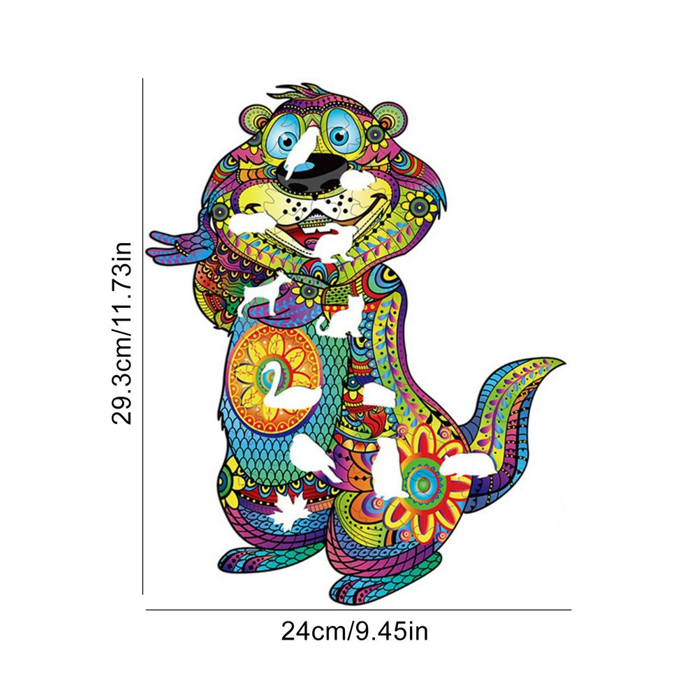 Colorful groundhog-shaped wooden puzzle with size dimensions displayed on white background.