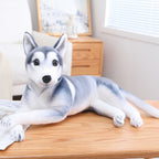 Realistic Siberian husky plush toy in lying pose, lifelike stuffed husky dog with soft plush fabric, cuddly dog plush TOY for sofa decor and kids sleeping companion