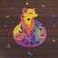 Colorful fox-shaped wooden puzzle with intricate mandala patterns and whimsical animal pieces on a dark wood background.