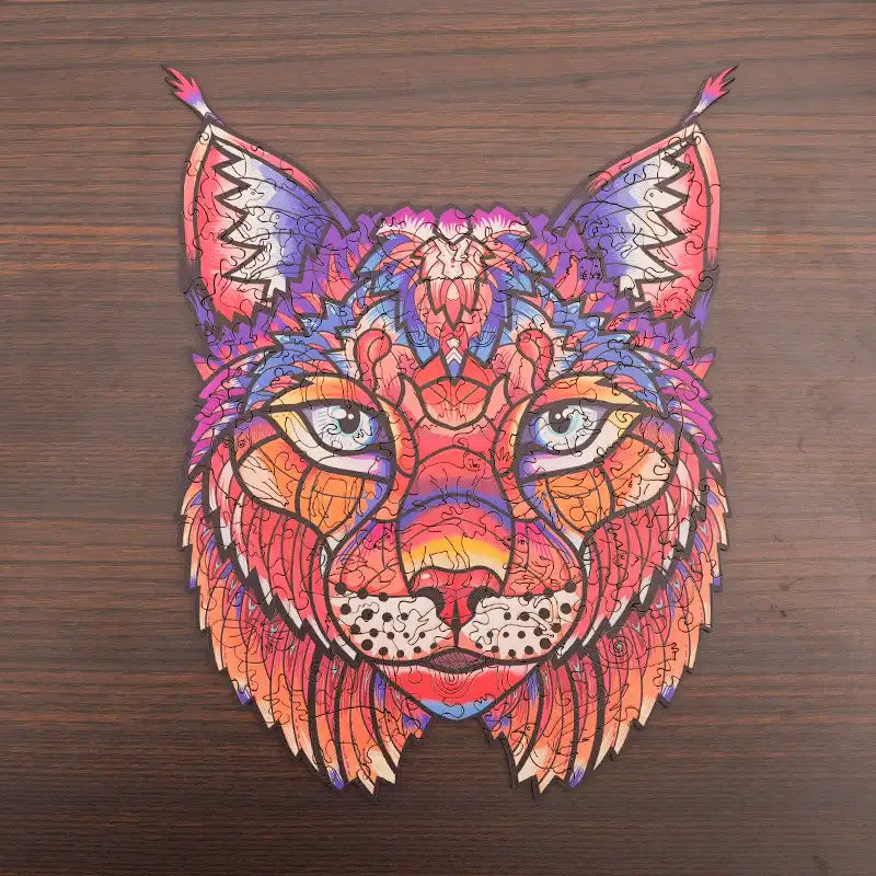 Colorful lynx head wooden puzzle with intricate patterns displayed on a dark wood background.