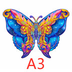 Colorful butterfly-shaped wooden puzzle shown in A3 size.