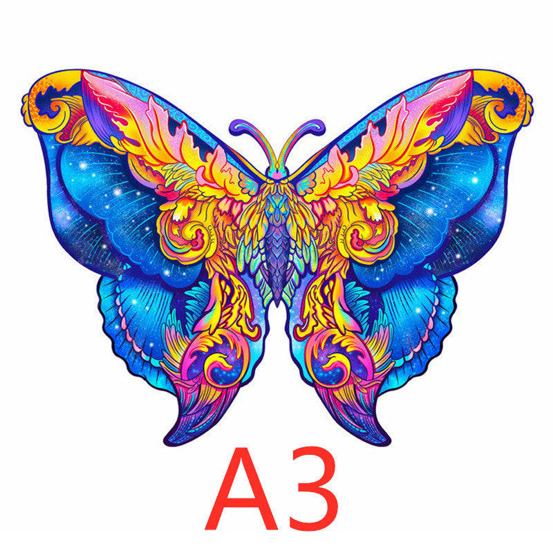 Colorful butterfly-shaped wooden puzzle shown in A3 size.