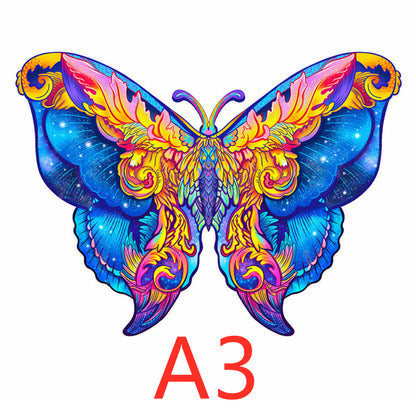 Colorful butterfly-shaped wooden puzzle shown in A3 size.