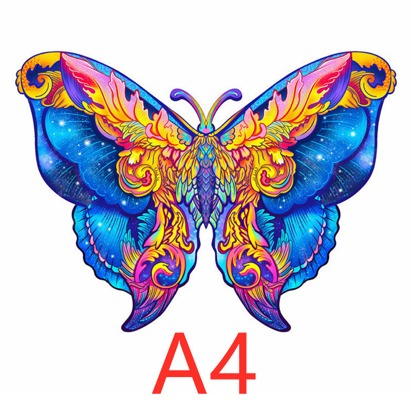 Colorful butterfly-shaped wooden puzzle shown in A4 size.