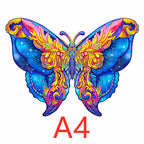 Colorful butterfly-shaped wooden puzzle shown in A4 size.