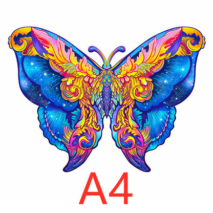 Colorful butterfly-shaped wooden puzzle shown in A4 size.